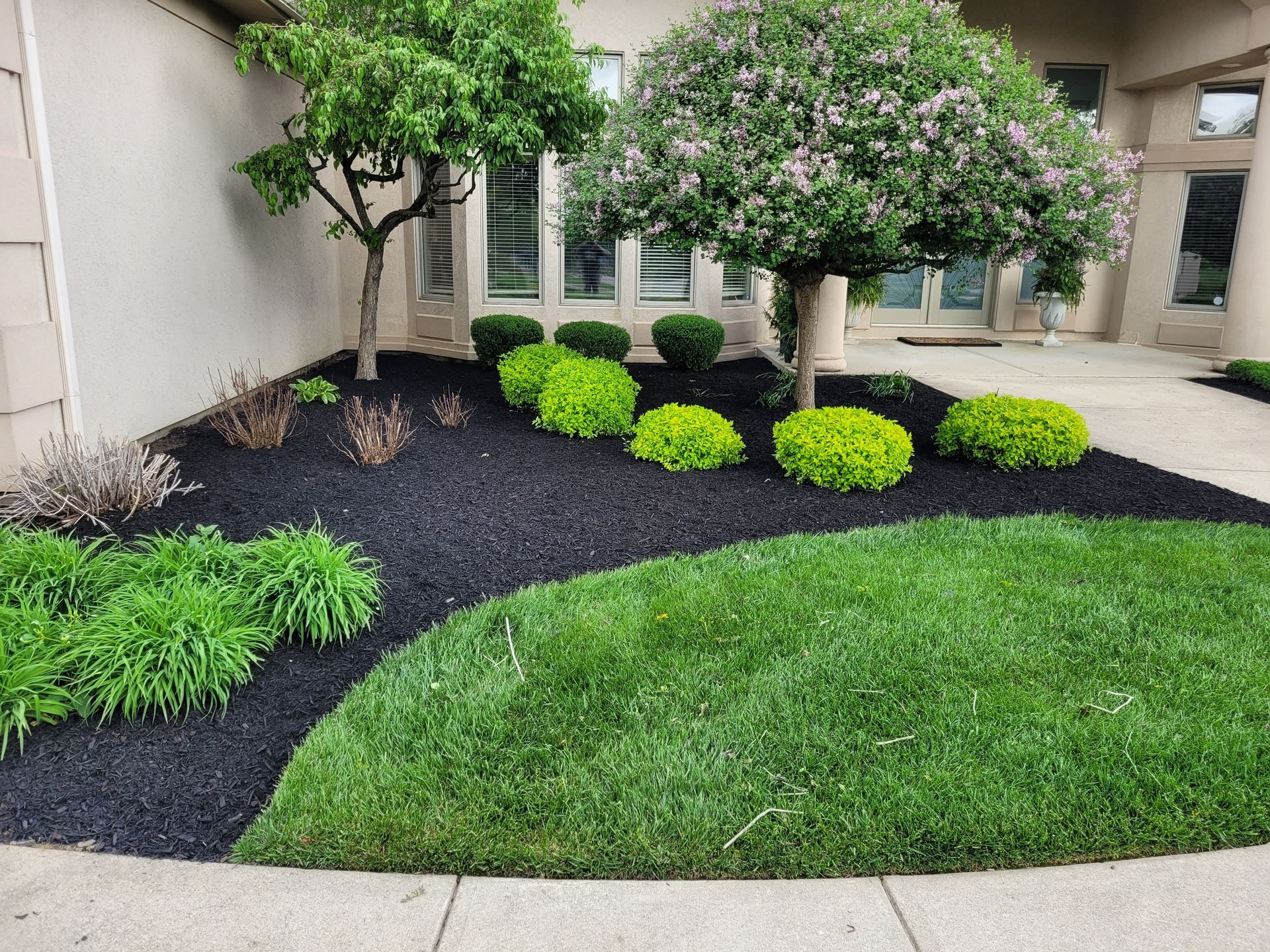 A lush green garden with black mulch and trees in front of a building.