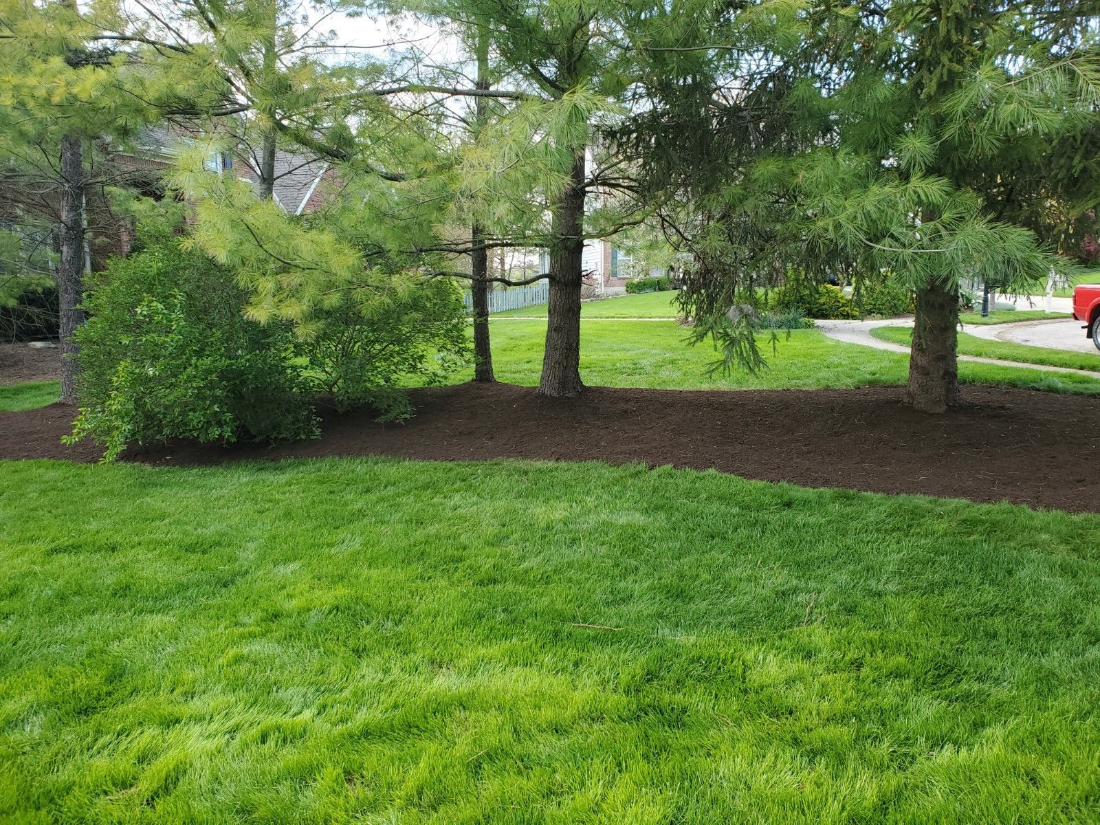 A lush green lawn with trees in the background and a red truck parked in the driveway.