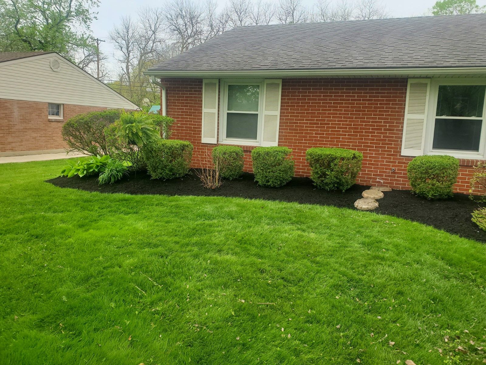 A person is mowing a lush green lawn with a lawn mower.