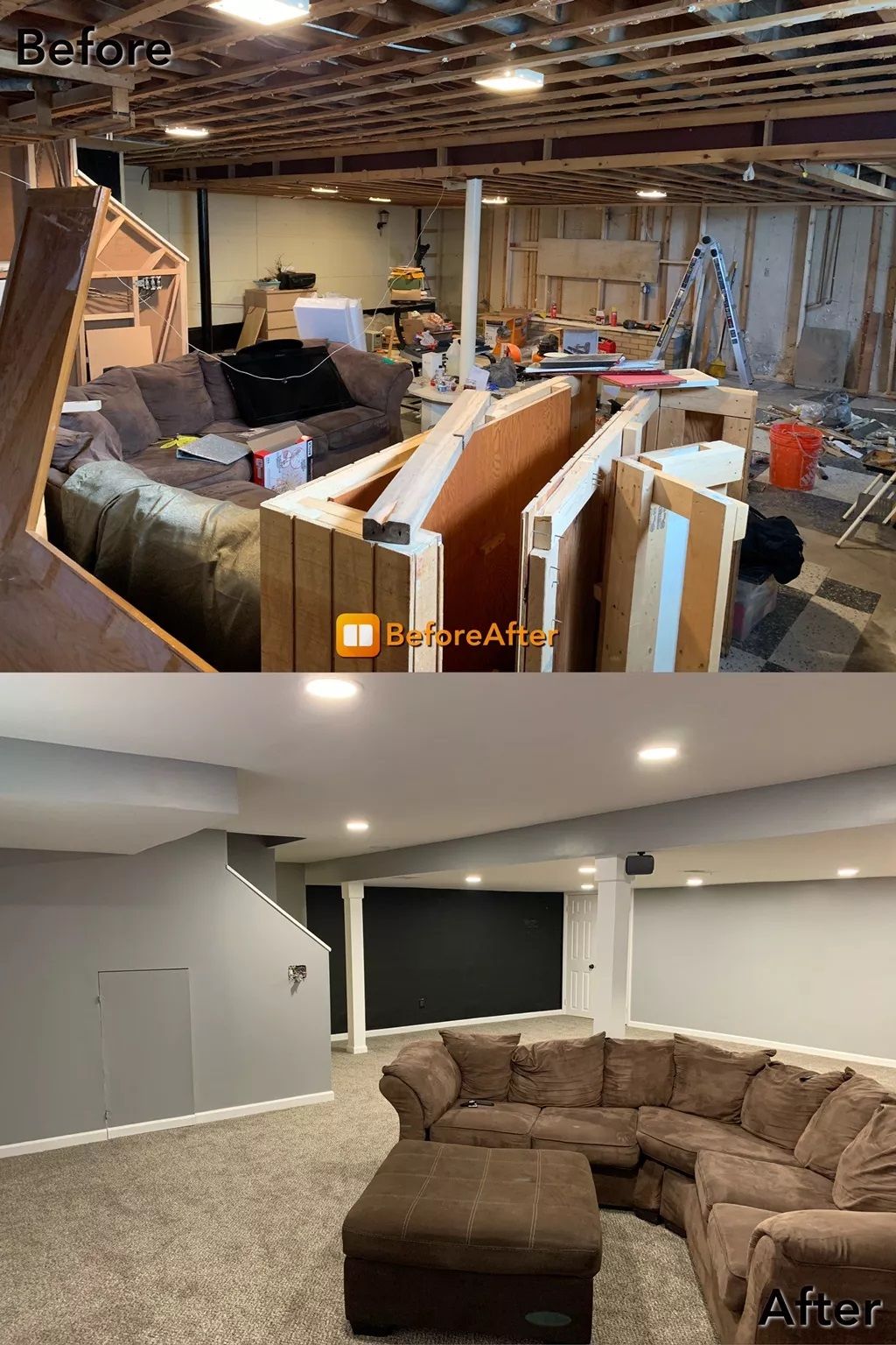 Basement reno: Before, cluttered w construction; After, finished room with gray walls, sectional sofa, and recessed lighting.