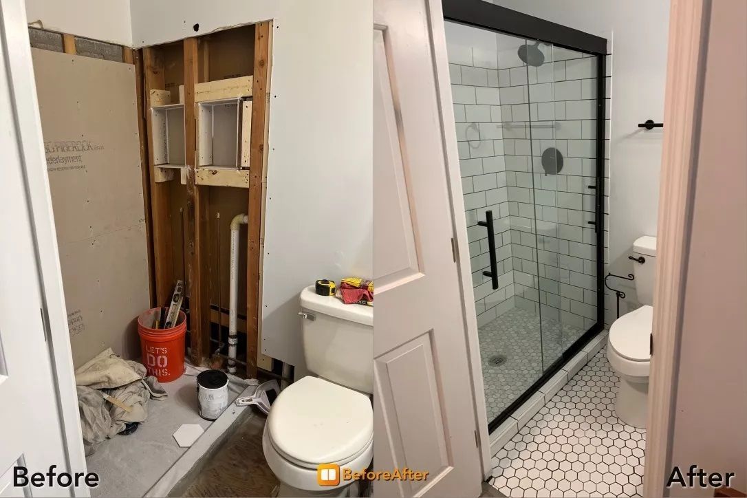 Bathroom remodel before and after: demoed shower, then finished with black-framed glass door and tile.