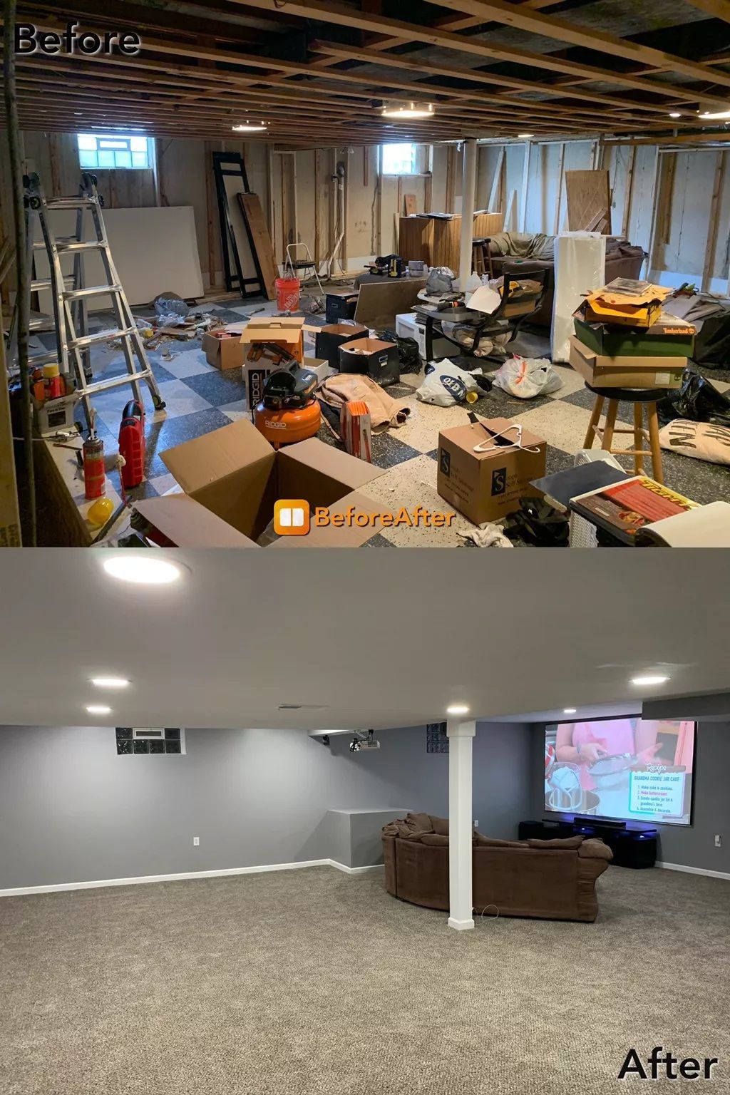 Before and after of a basement renovation. Top: unfinished, cluttered space. Bottom: finished, gray-walled recreation room.