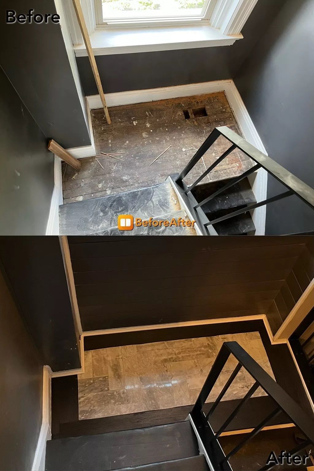 Before/after view of a dark gray staircase with a black railing and white trim.
