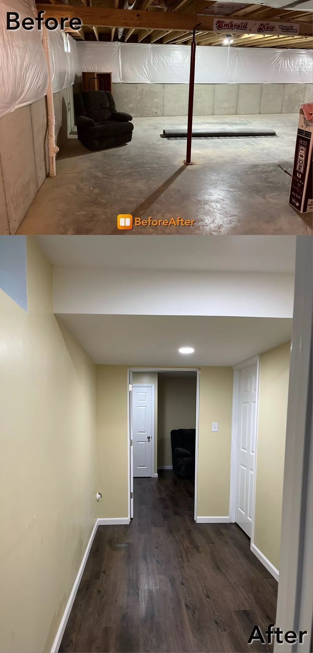 Basement renovation before and after: concrete to finished hallway with wood flooring, new paint, and lighting.