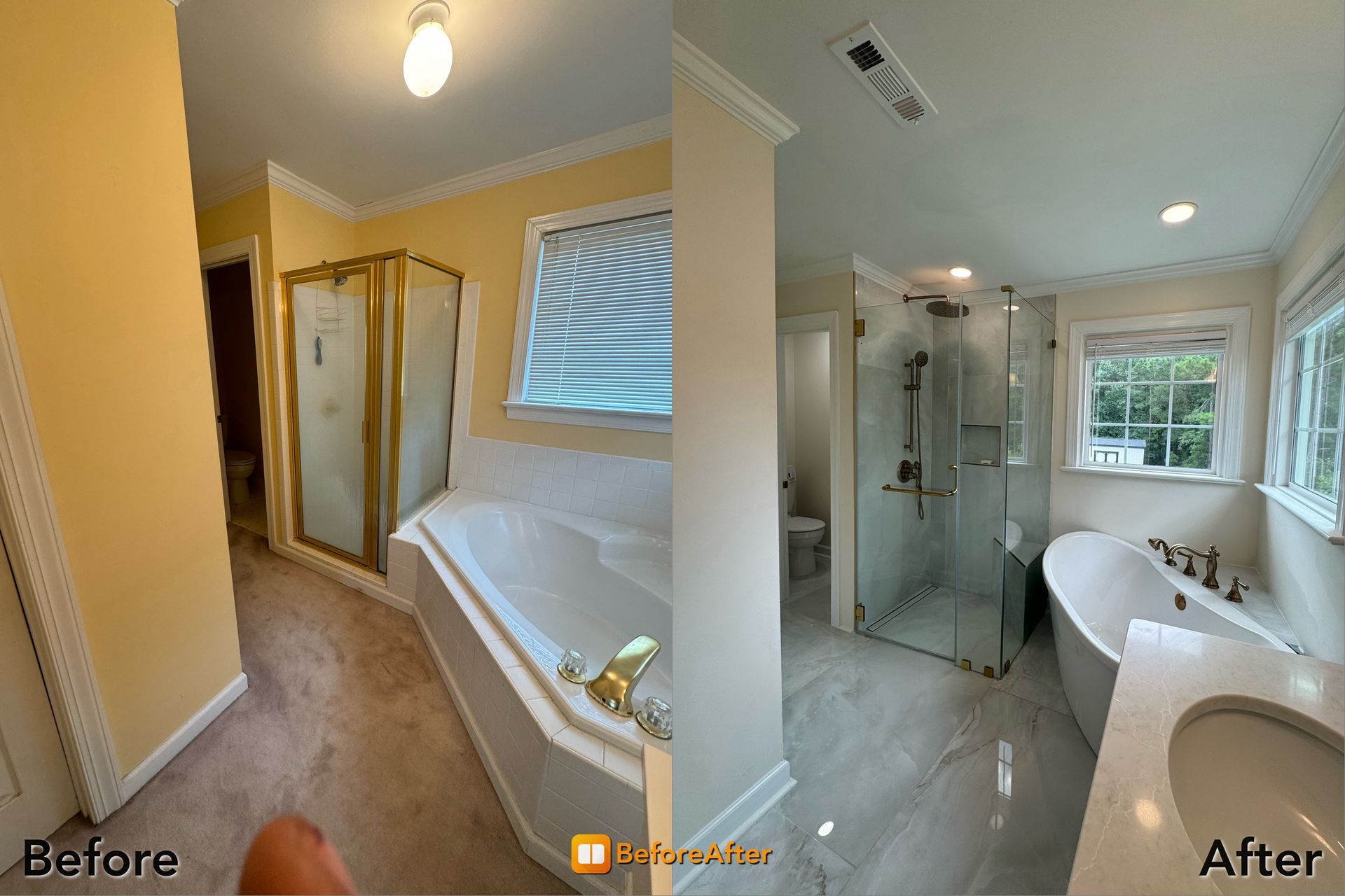 Bathroom renovation: Before and after shots. Old yellow paint, gold fixtures compared to a modern, bright remodel.