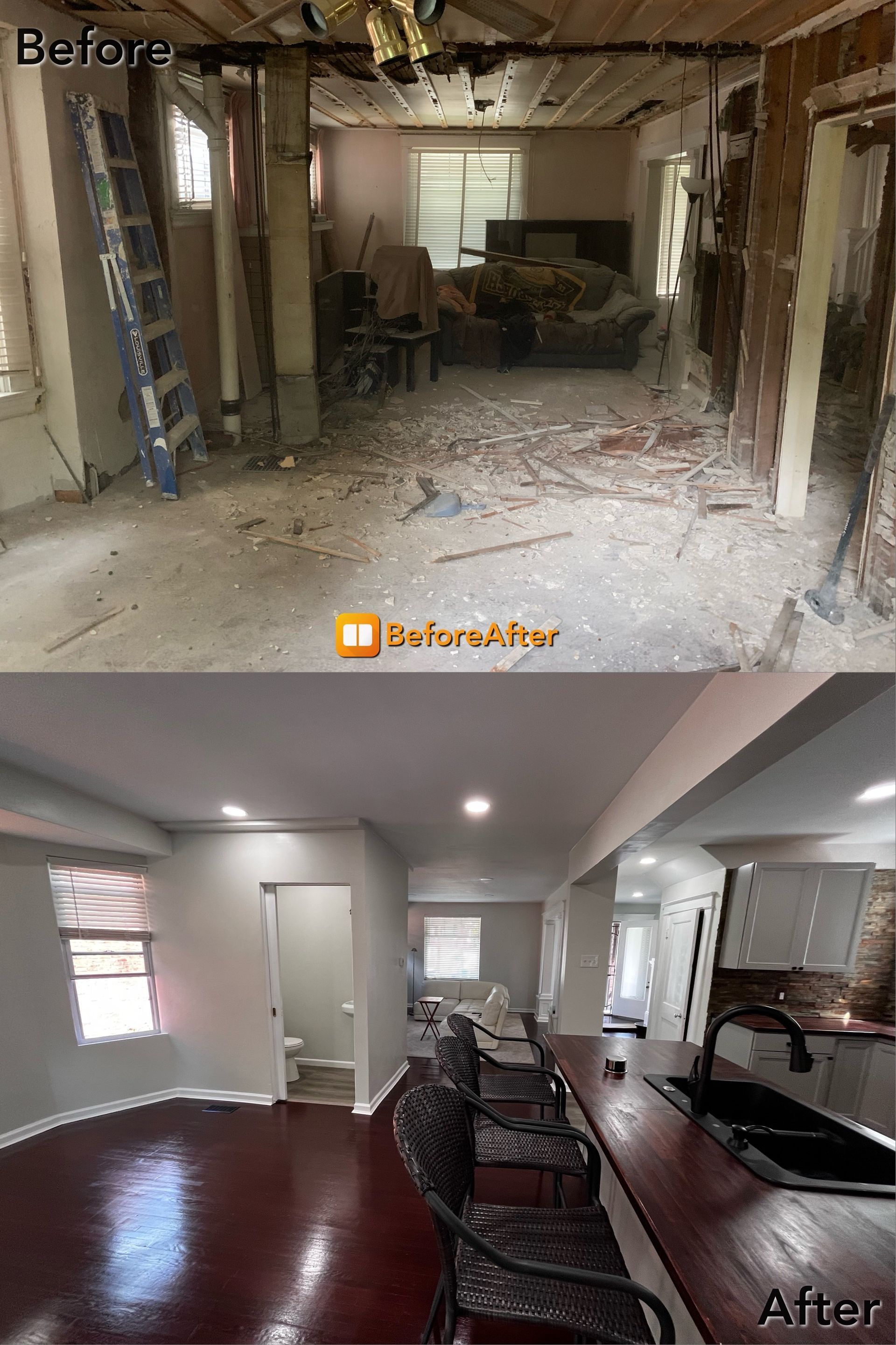 Before and after of a basement renovation. Gray walls, dark floor, and kitchen in after; unfinished space in before.
