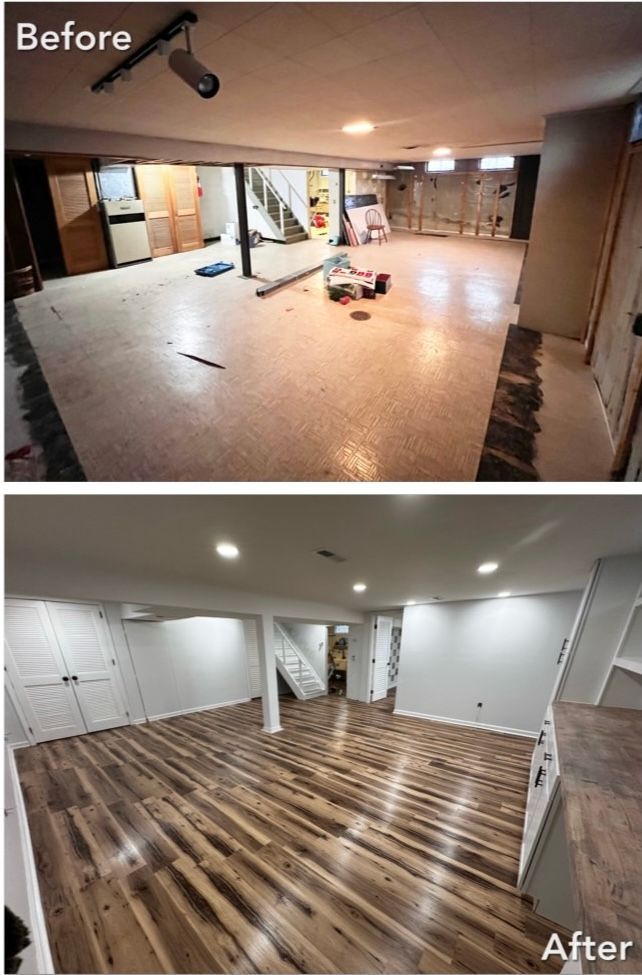 Before and after photos of a basement remodel. New wood floors, recessed lighting, and painted walls create a finished space.