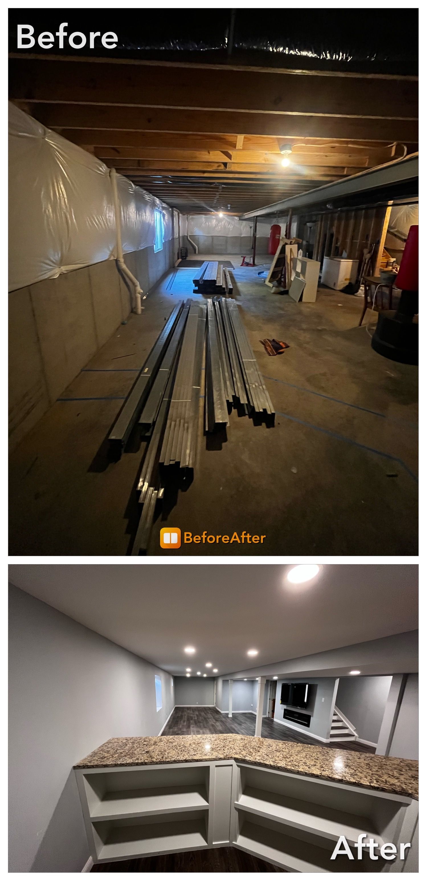 Basement remodel before/after: unfinished space transforms into a finished entertainment area with bar