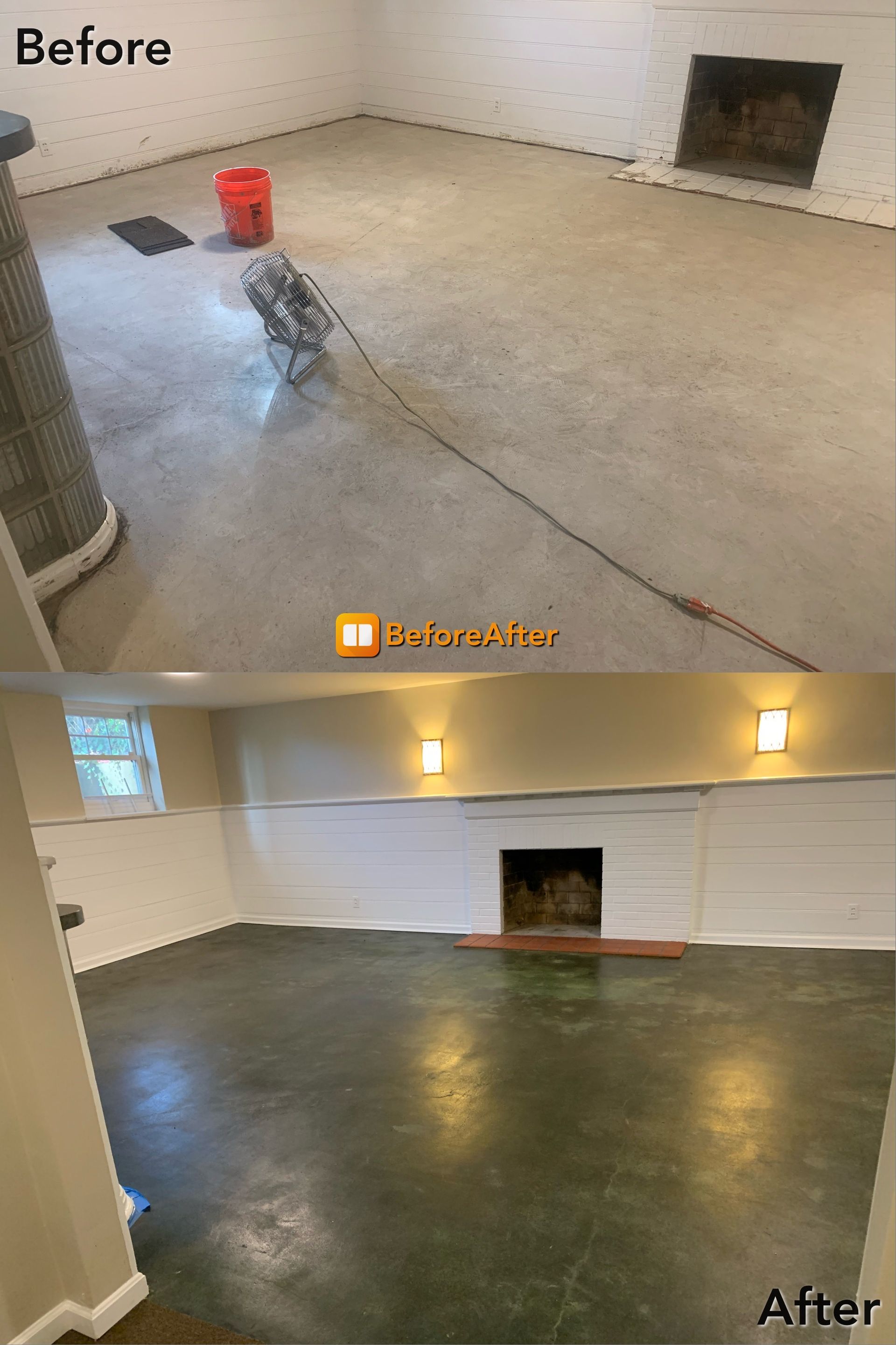 Before and after of a basement room: concrete floor, white brick fireplace, and walls, with lighting.