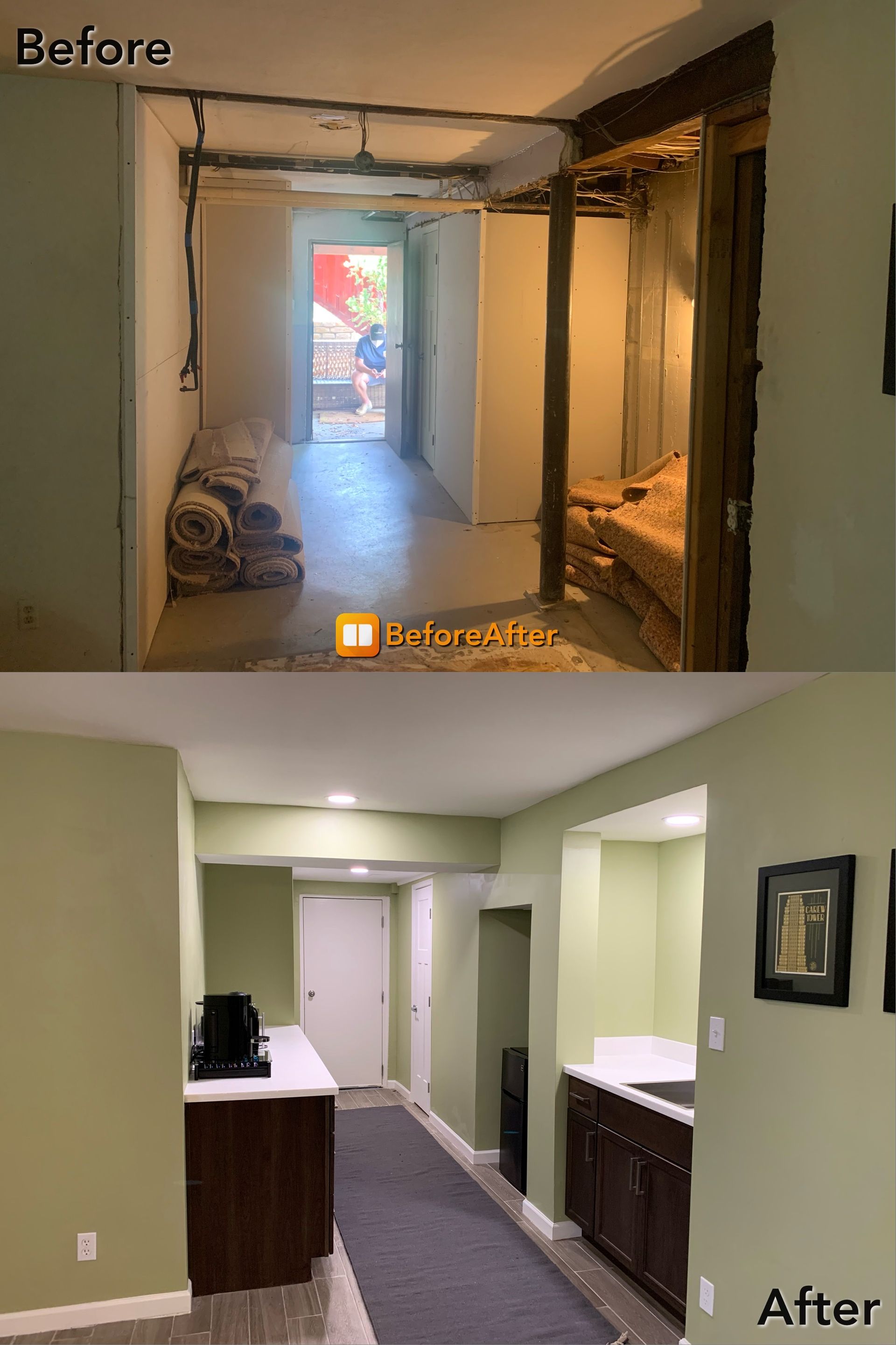 Basement renovation before and after. Top: unfinished basement. Bottom: finished basement with cabinets and neutral paint.