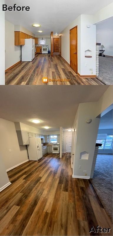 Interior renovation comparison: a room with new flooring and paint. Before: wood cabinets, After: white cabinets.