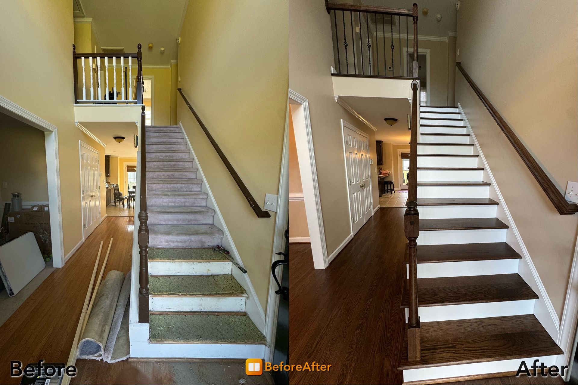Before and after of a staircase renovation, removing carpet for white steps, and dark brown risers.