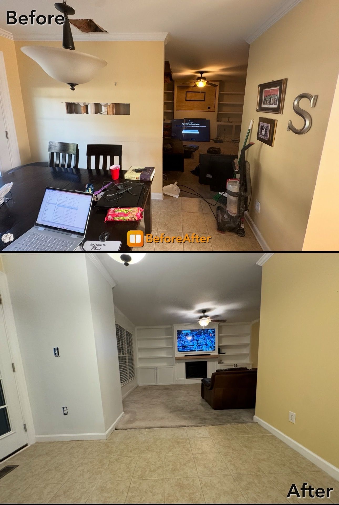 Before and after photos of a room renovation.  The first is cluttered, the second is clean and organized.