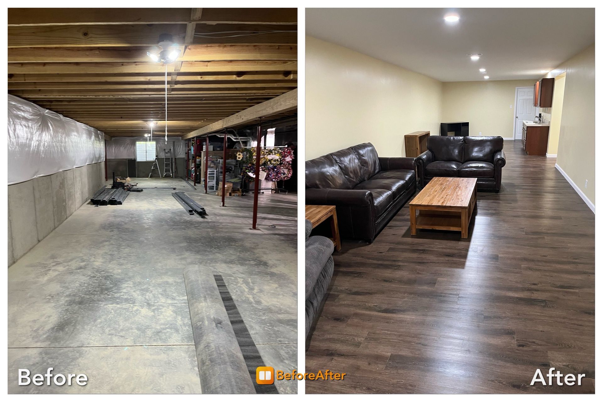 Before and after of a basement renovation: concrete floor to living space with wood flooring, furniture, and finished walls.