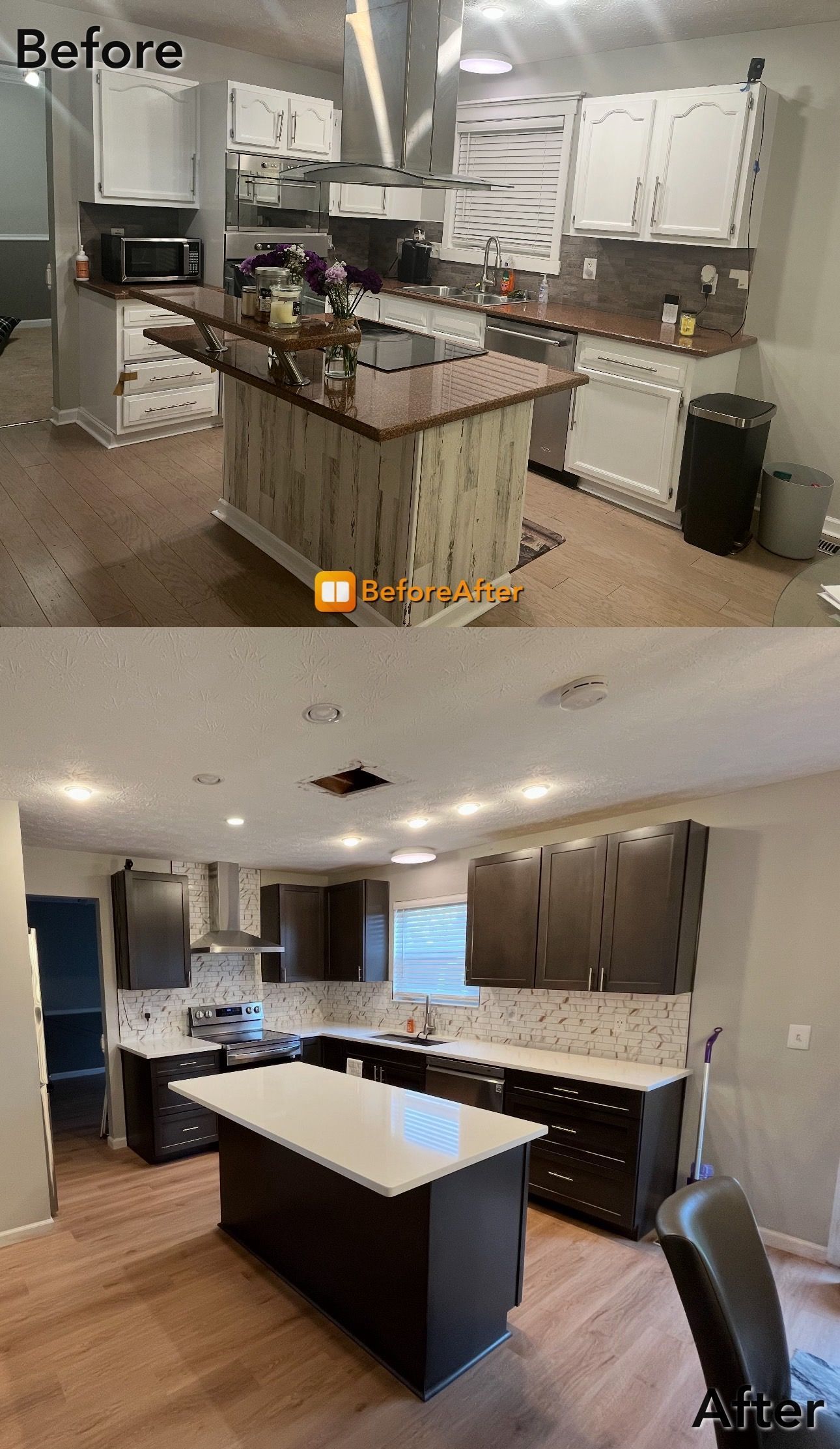 Kitchen remodel comparison: Before, white cabinets and island, and after, dark cabinets and white island.
