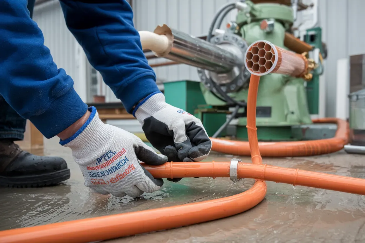 A man wearing gloves is working on a hose.