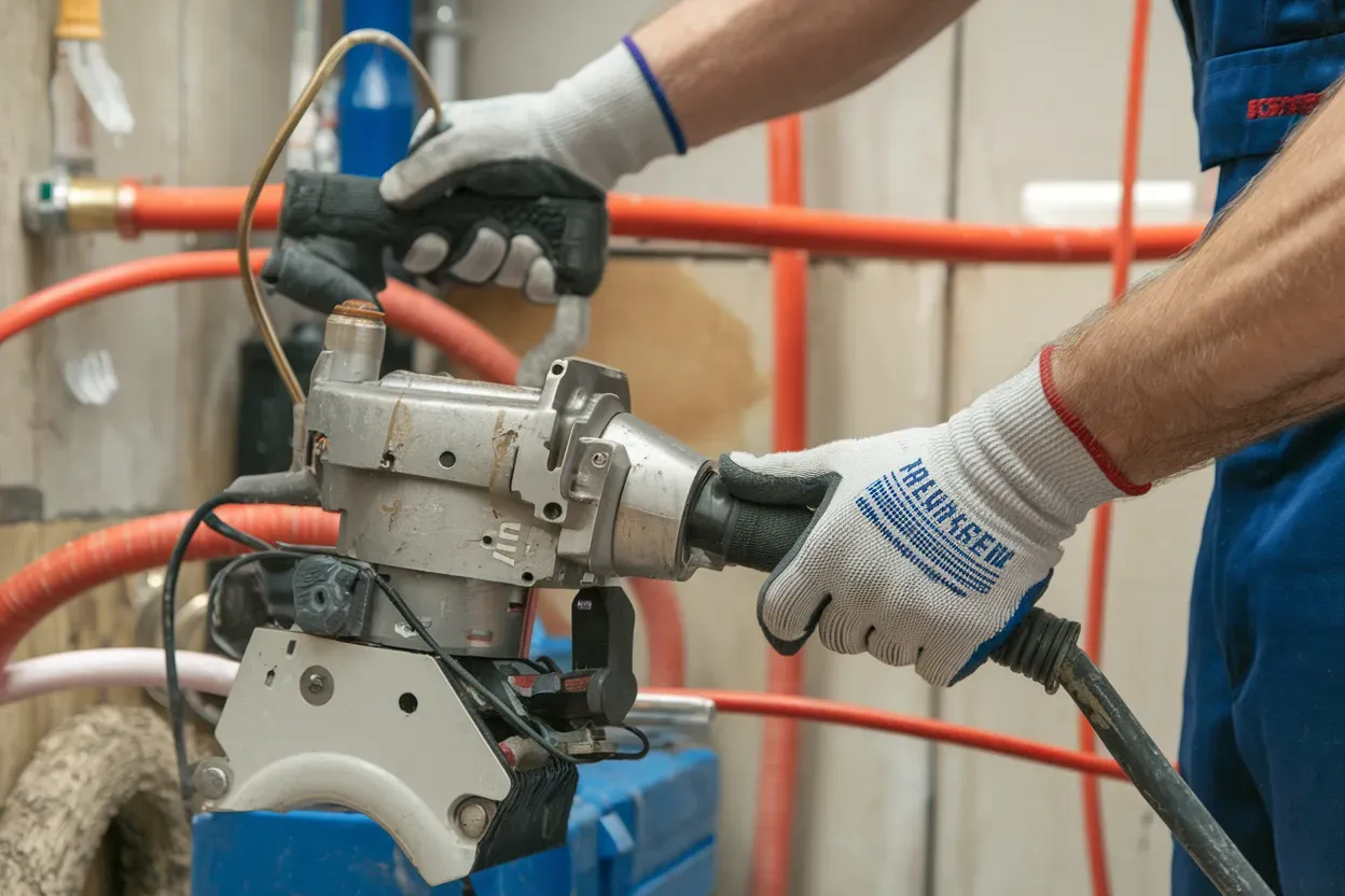 A man wearing gloves is working on a machine.