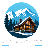 Logo de Alojamientos Patagonia: cabaña moderna, pinos y montañas nevadas en un círculo azul.