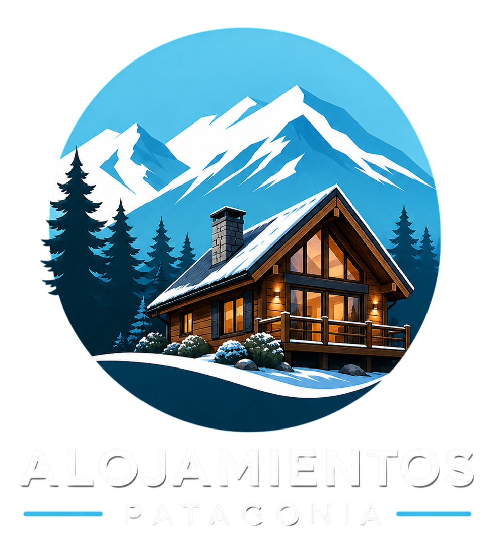 Logo de Alojamientos Patagonia: cabaña moderna, pinos y montañas nevadas en un círculo azul.