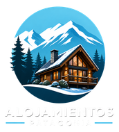 Logo de Alojamientos Patagonia: cabaña moderna, pinos y montañas nevadas en un círculo azul.