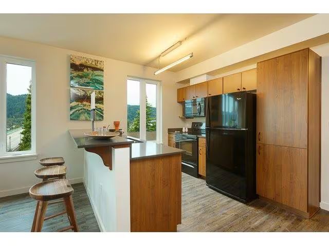 A kitchen with a black refrigerator and wooden cabinets