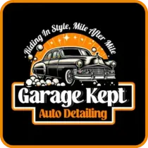 Garage Kept Auto Detailing logo with a classic car, bubbles, and text: "Riding in Style, Mile After Mile."