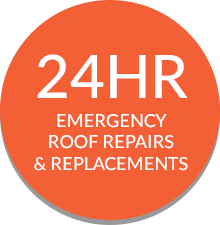 an orange circle that says 24hr emergency roof repairs and replacements