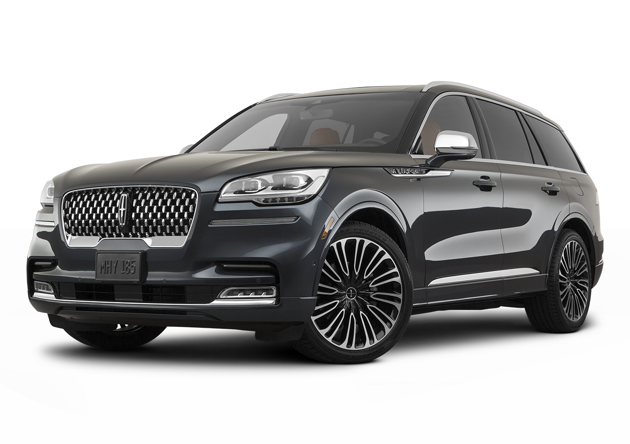 Silver Lincoln Navigator SUV, front view.