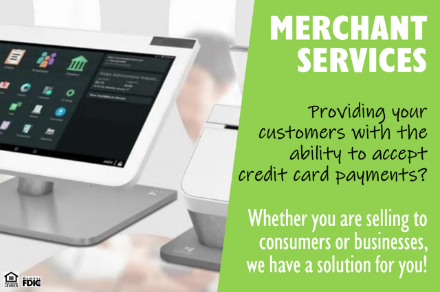 An advertisement for merchant services provides customers with the ability to accept credit card payments