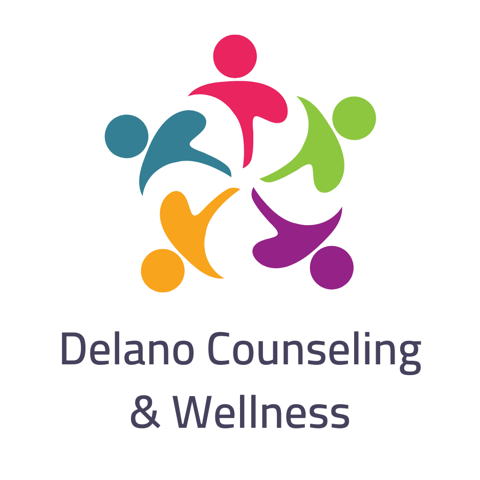Logo for Delano Counseling & Wellness featuring five stylized figures in a colorful, circular interlocking formation.