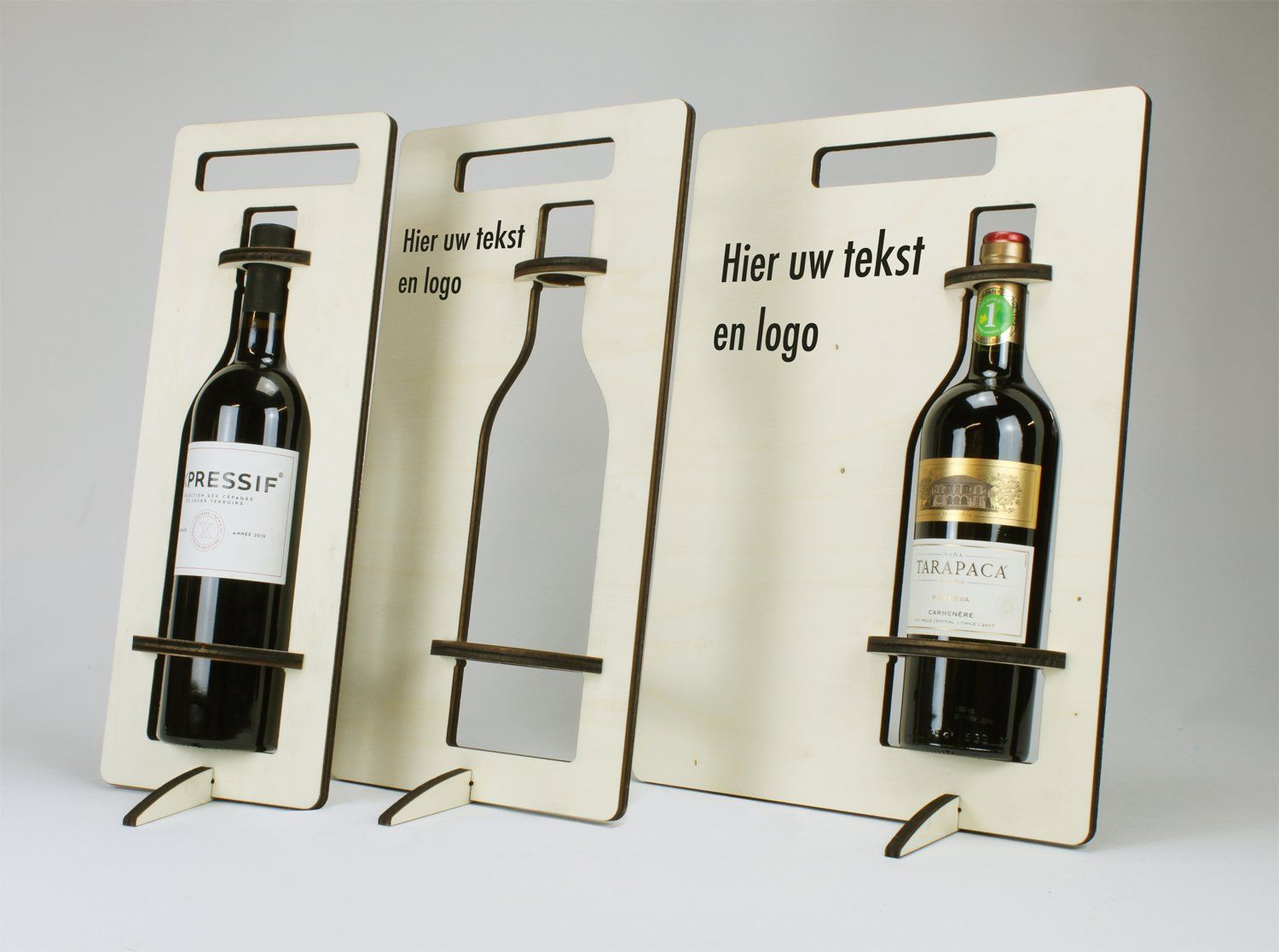Exclusief relatiegeschenk, duurzame wijnfles houder met tekst.