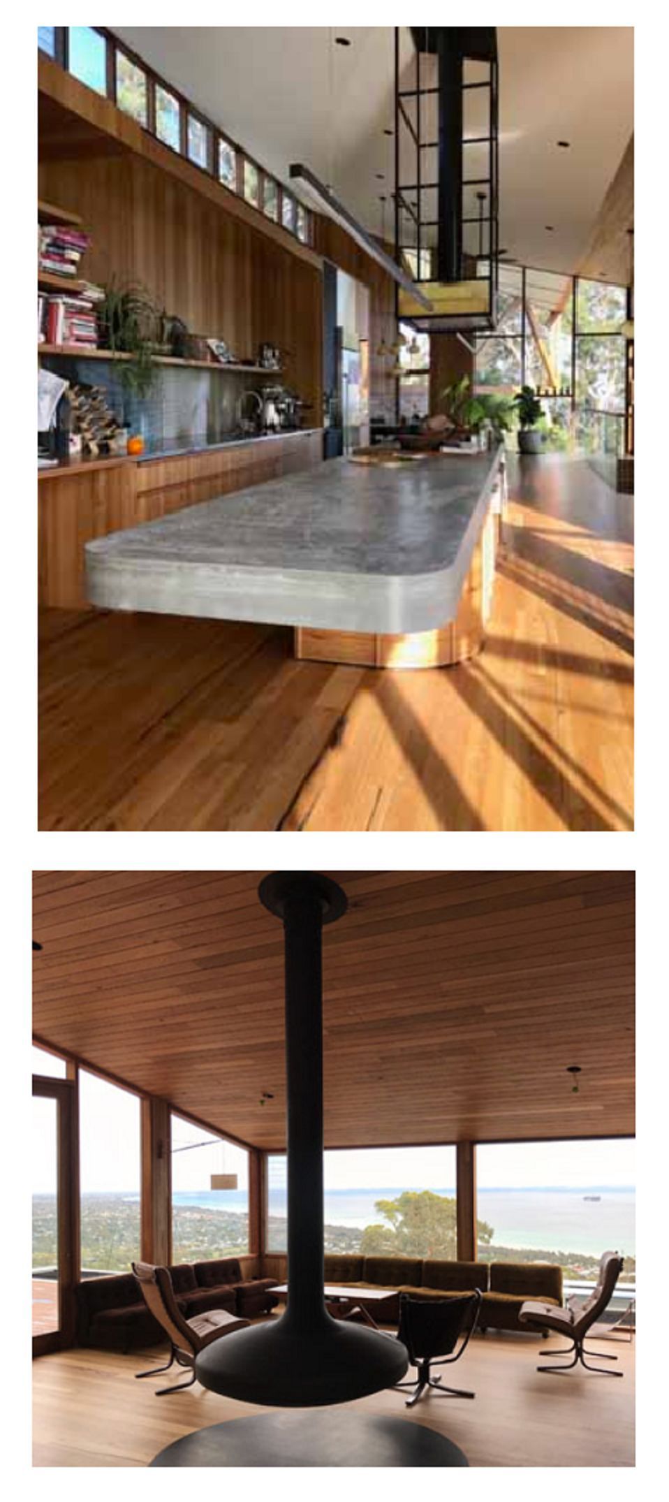 Long, Modern Kitchen with Wood Cabinetry and Concrete Countertop — On The Rise Builders in North Arm, QLD