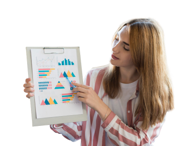 Woman pointing to charts and graphs
