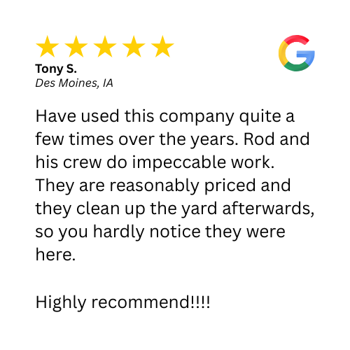 A 5-star client review for a tree removal in Des Moines, IA by Top Notch Tree Care