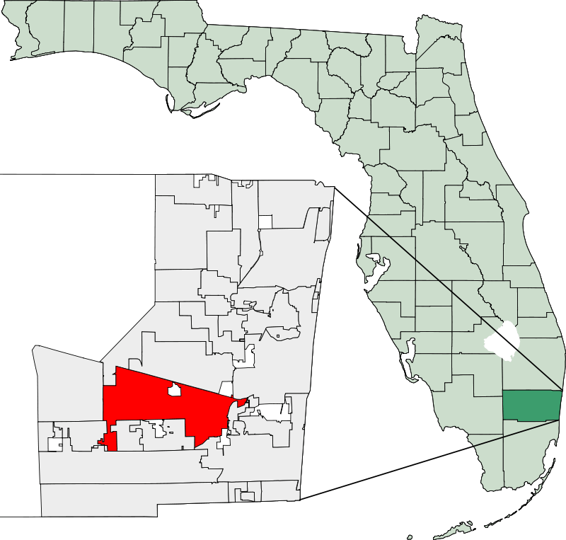 Location of Davie within eastern (incorporated) part of Broward County, Florida