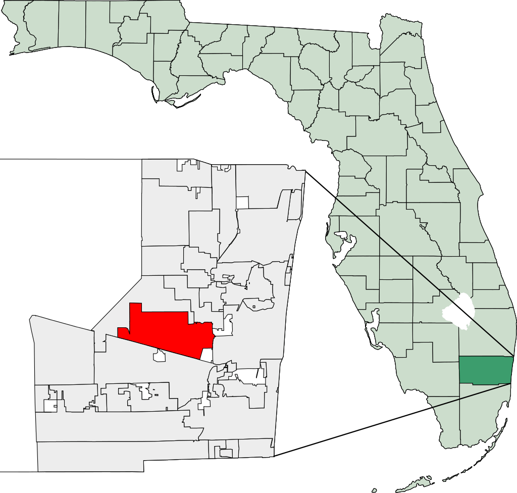 Map of Florida showing Broward County and highlighting Plantation, FL