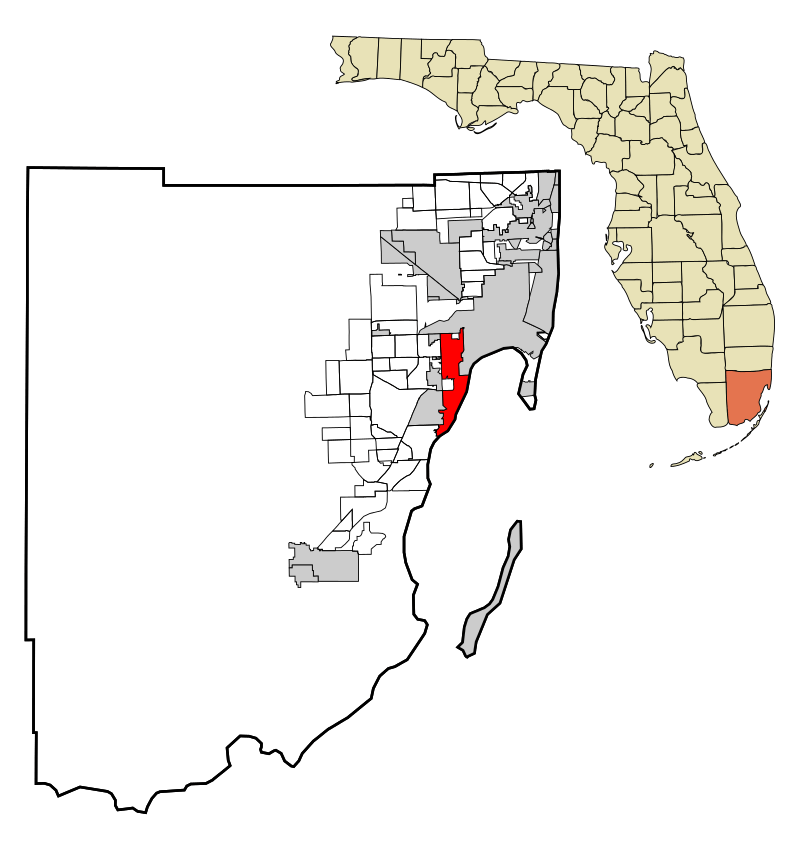 Map of Miami-Dade County Florida Incorporated and Unincorporated areas Coral Gables Highlighted