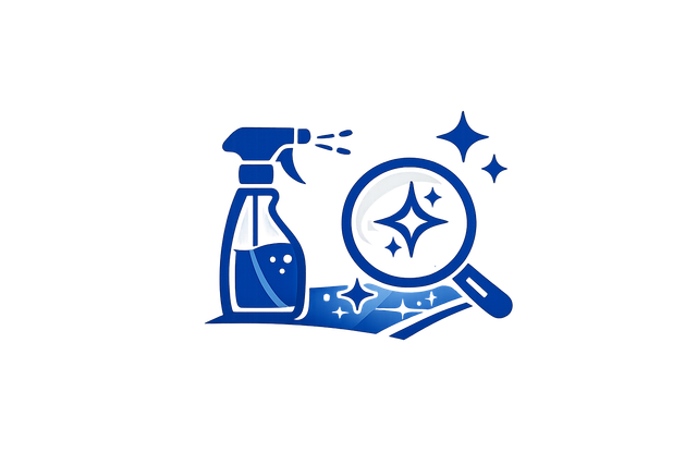Blue cleaning spray bottle and magnifying glass with sparkles, symbolizing cleanliness and inspection
