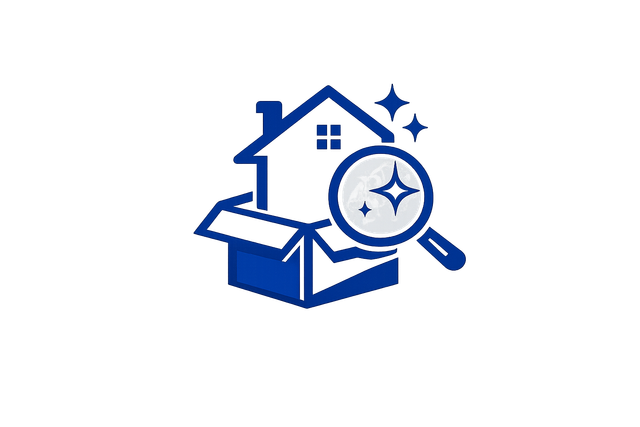 Blue house and open box with magnifying glass, representing home inspection or property search.