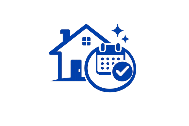 Blue house icon with a calendar and checkmark, indicating scheduled home service or booking