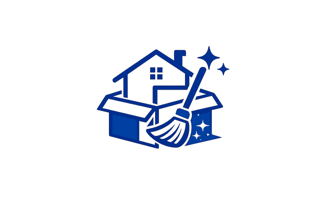 Blue icon of a house, cleaning tools, and sparkling stars representing home cleaning or housekeeping services