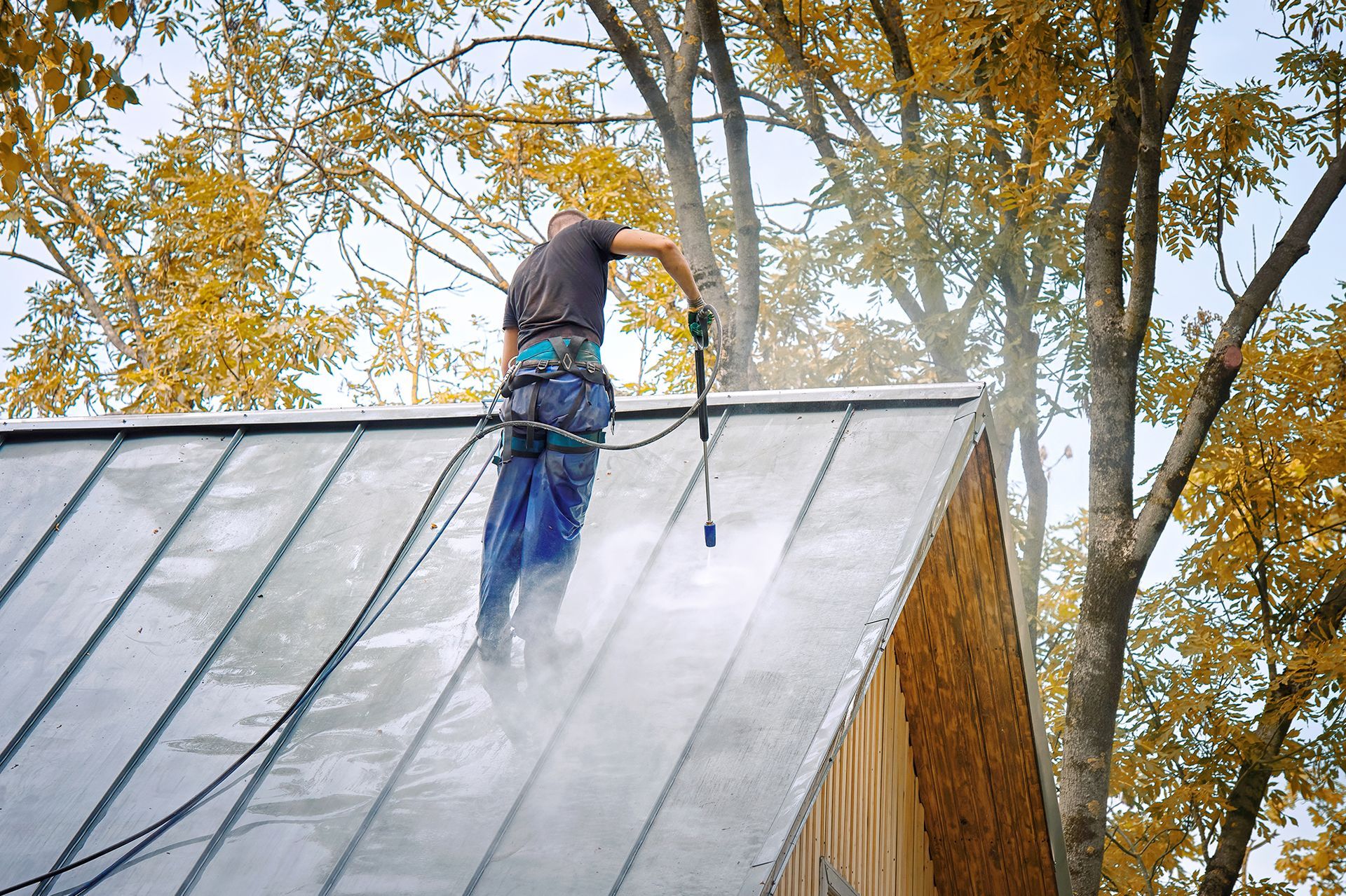Man pressure washing a metal roof, secured by safety harness, autumn setting.