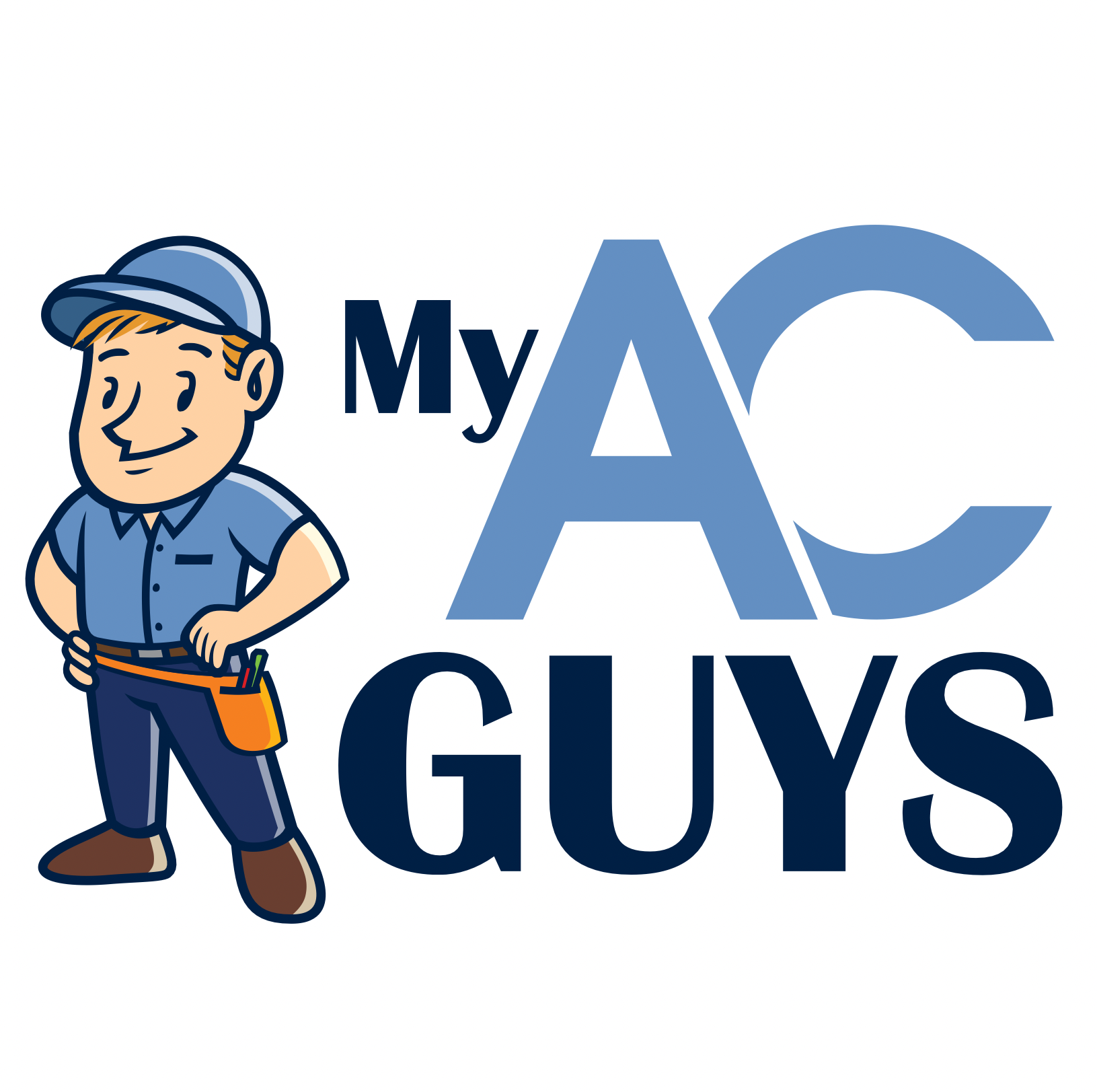 My AC Guys logo with blue text and a cartoon HVAC technician holding tools