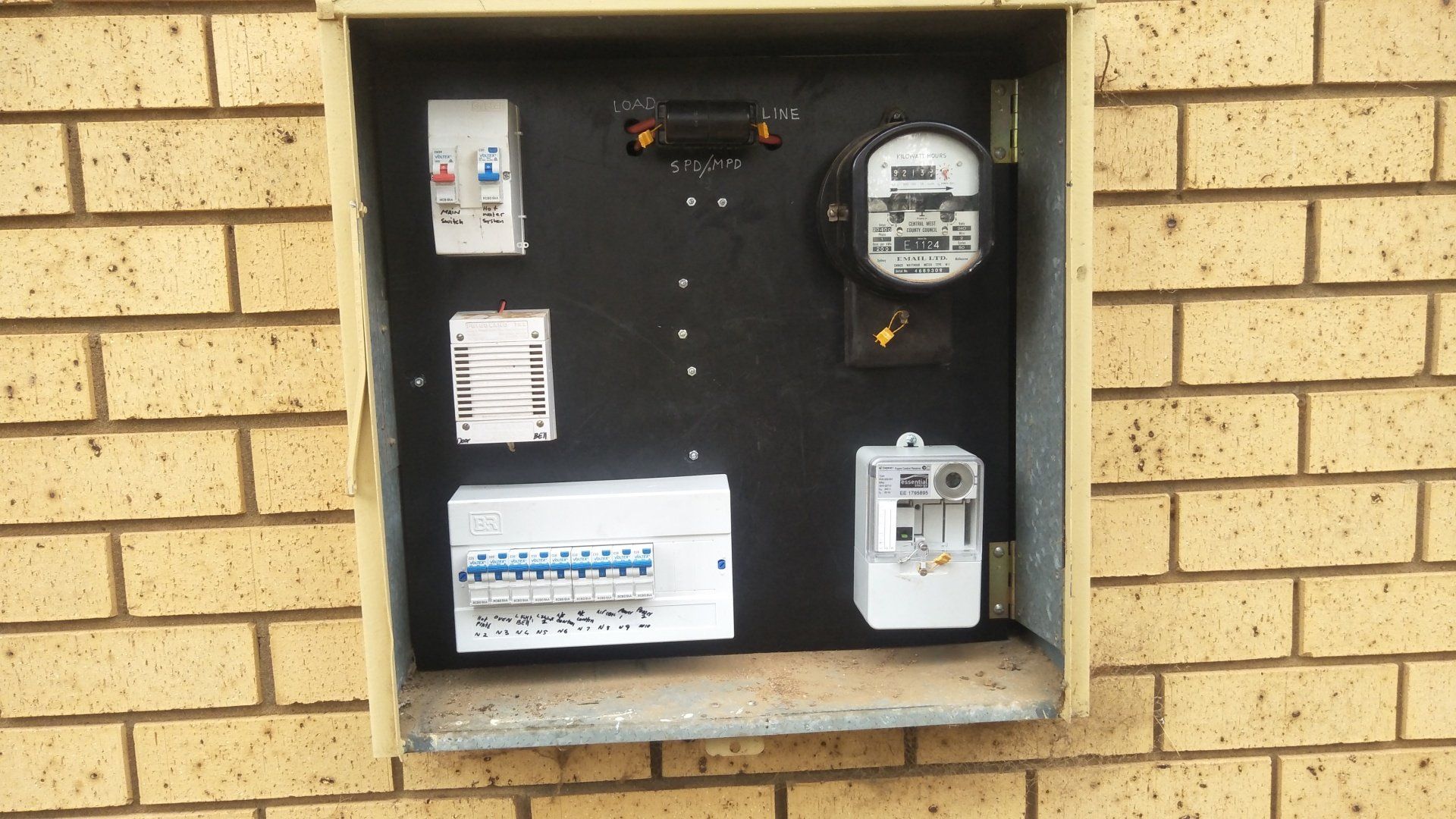 A box filled with electrical meters.