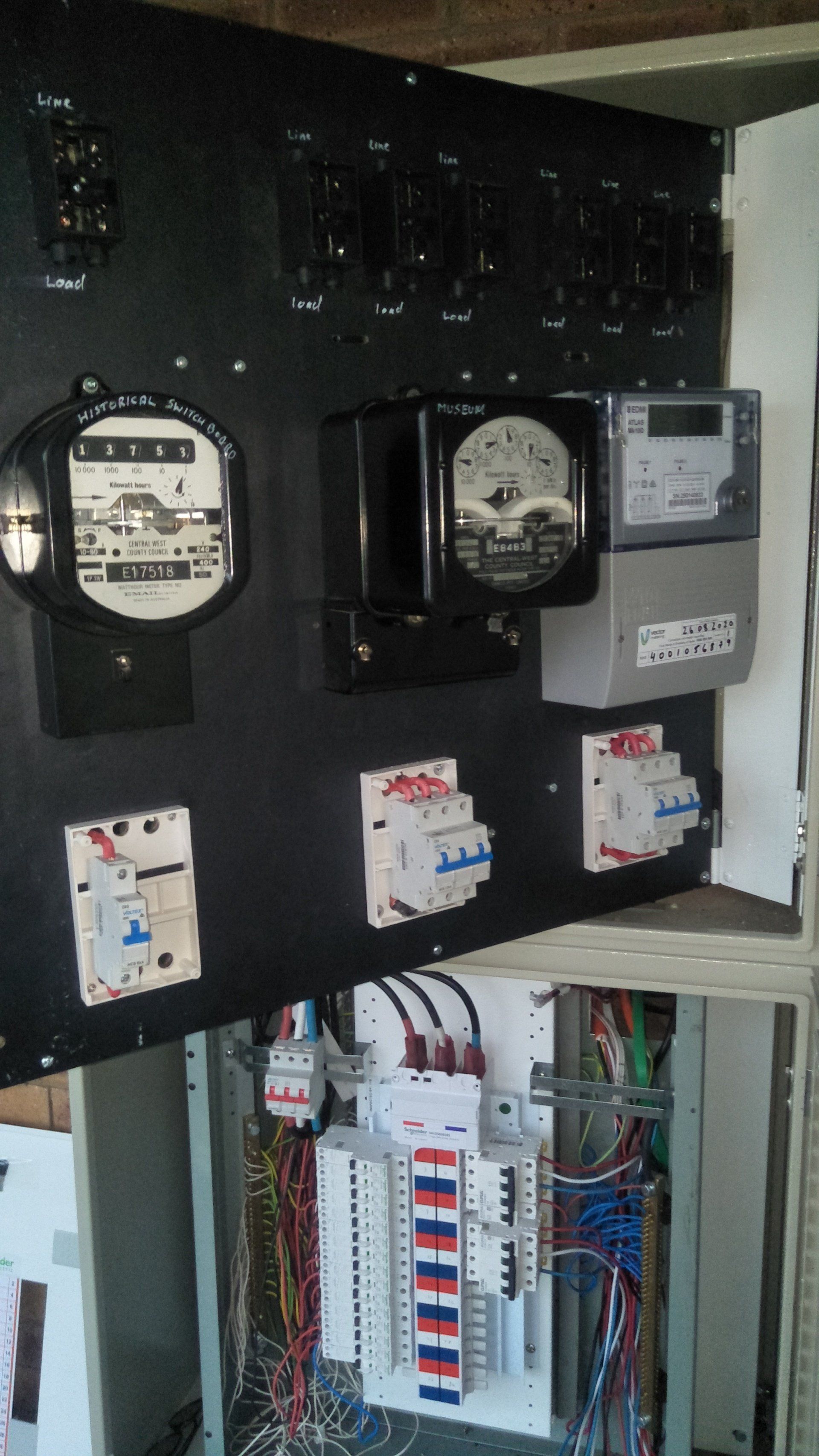 A box filled with electrical meters .