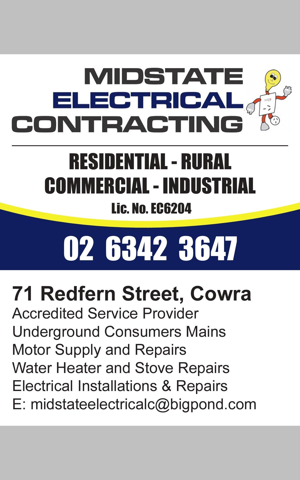 A business card for midstate electrical contracting.