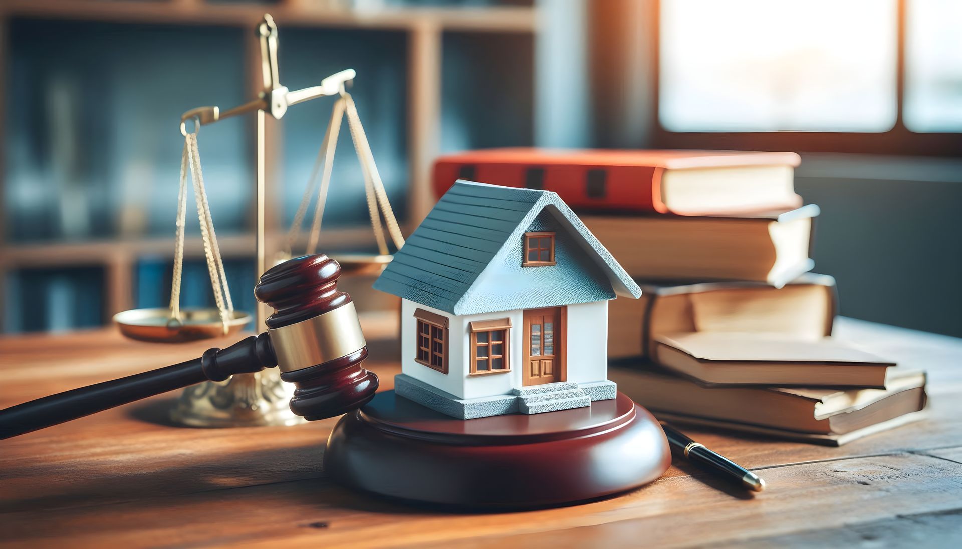 Real estate legal scene with gavel, small house model on a wooden table