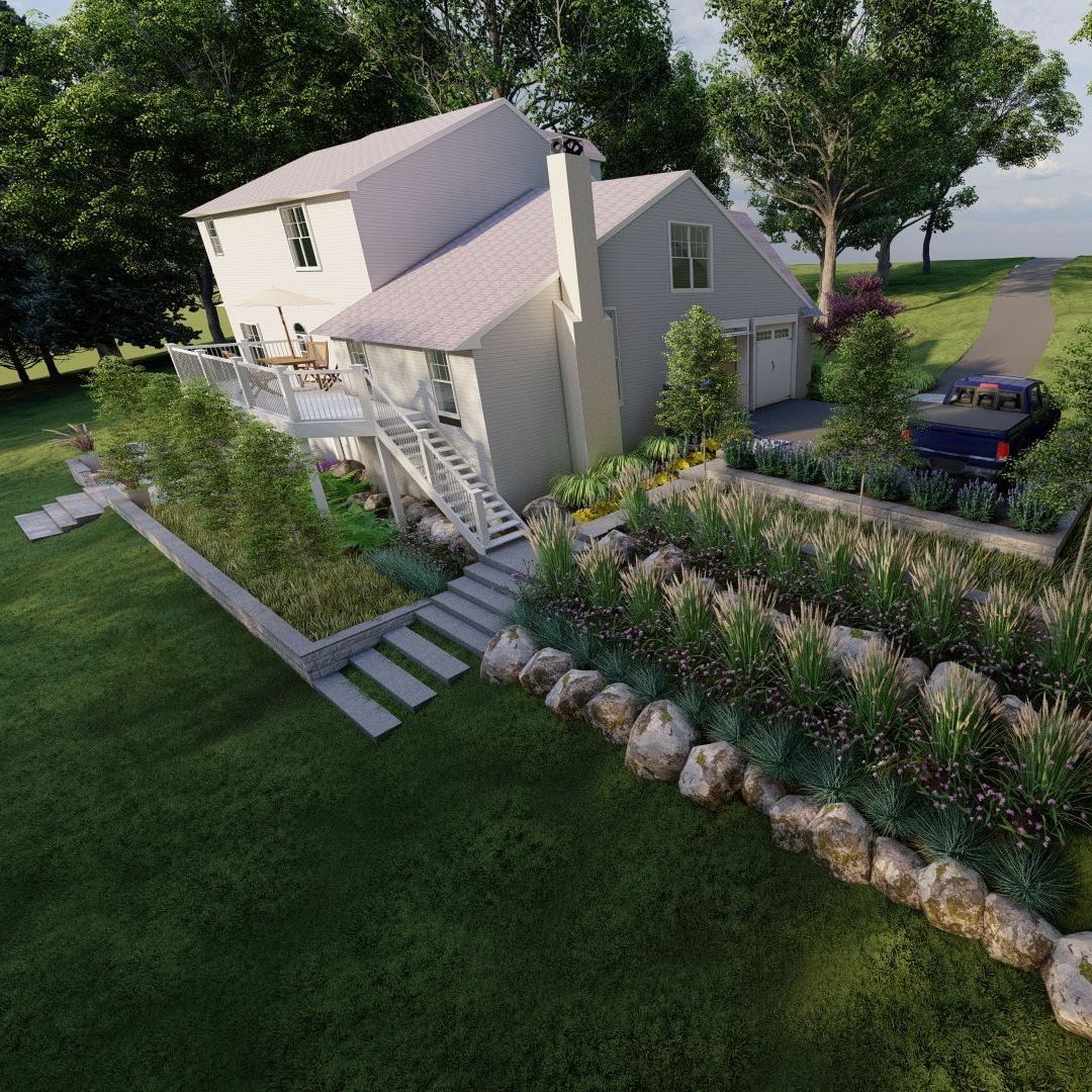 A house with a garden and trees on a sloped residential landscape with terraces. Main Line Landscape Design