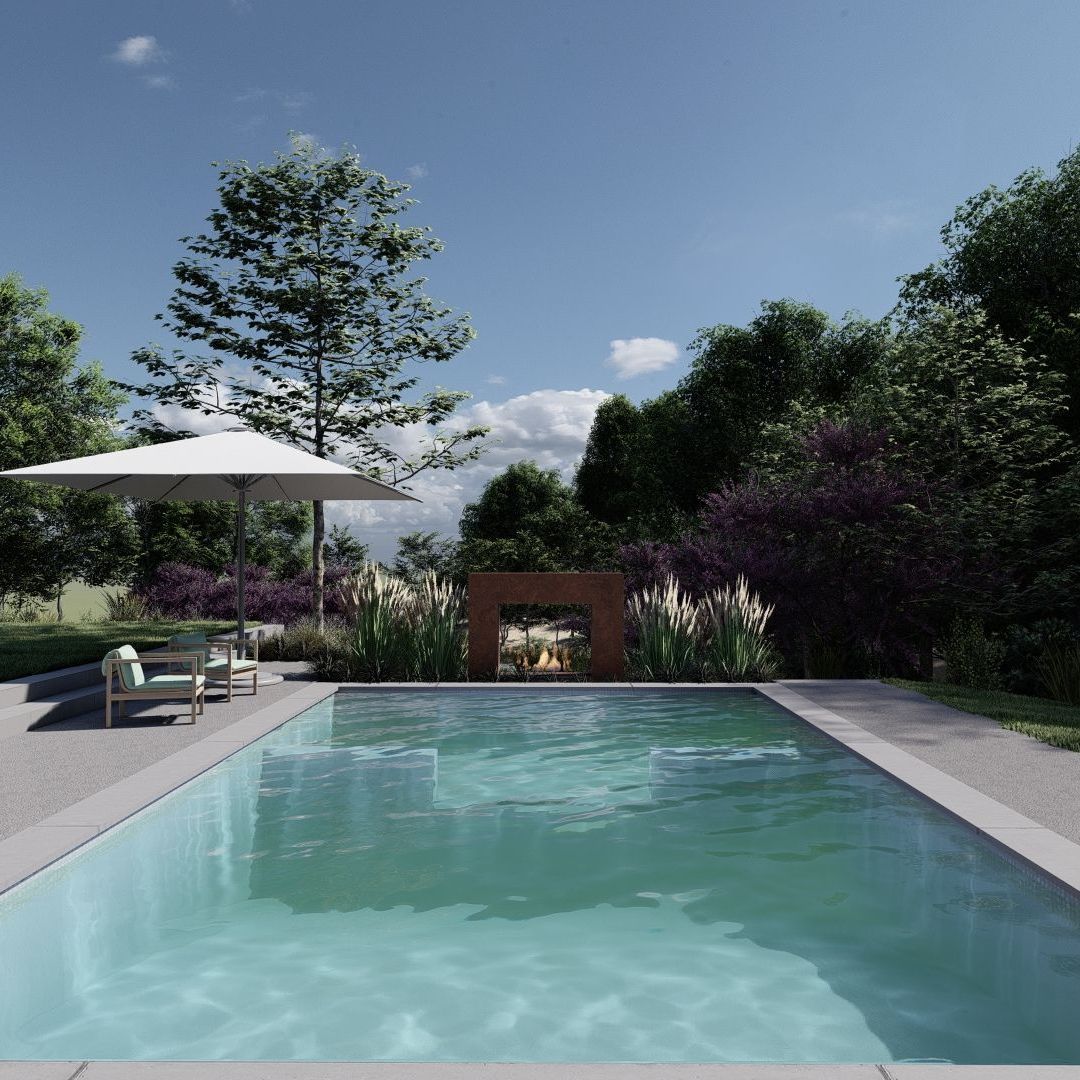 A serene swimming pool nestled in a vibrant green yard, offering a refreshing oasis of relaxation. Main Line Landscape Design