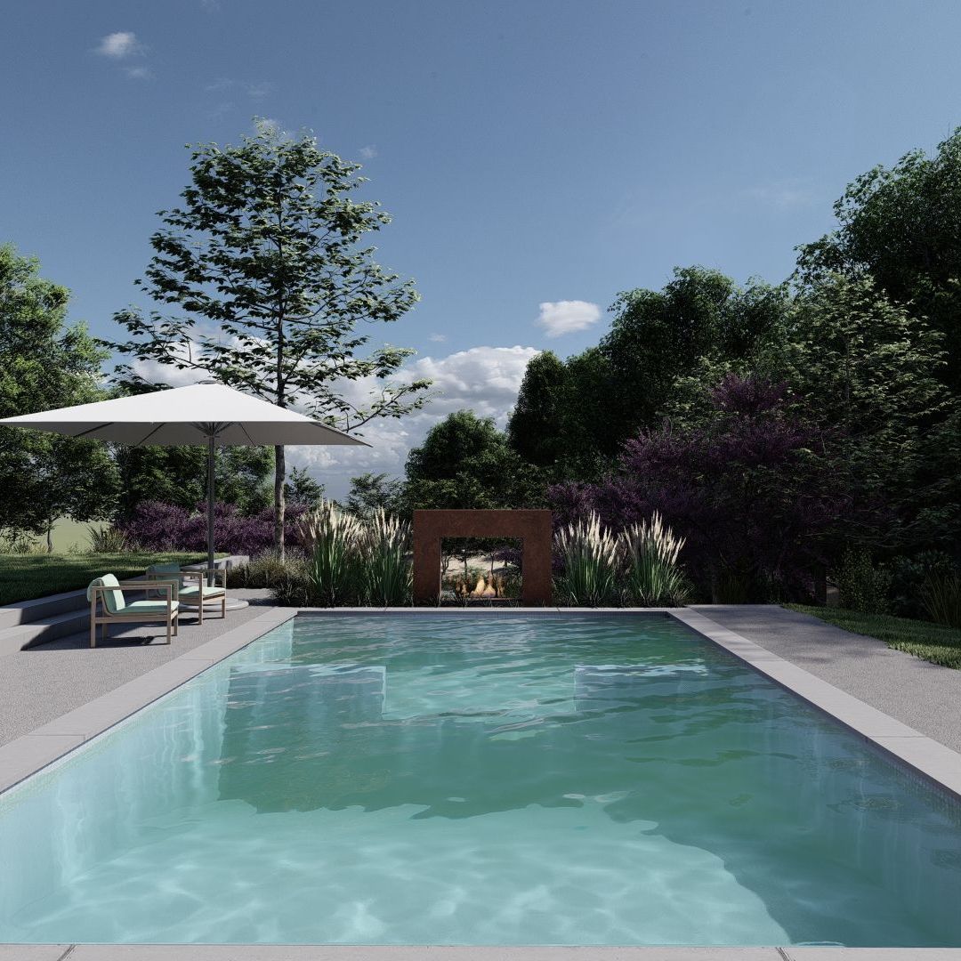 A serene swimming pool nestled in a vibrant green yard, offering a refreshing oasis of relaxation. Main Line Landscape Design